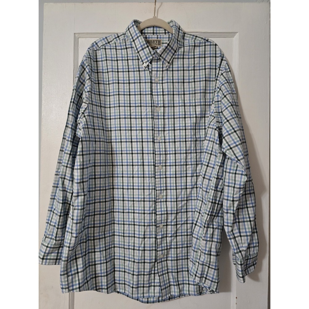 Duluth Trading Co Shirt XL‎ Tall White Blue Checks Plaid Trim Fit Button Down